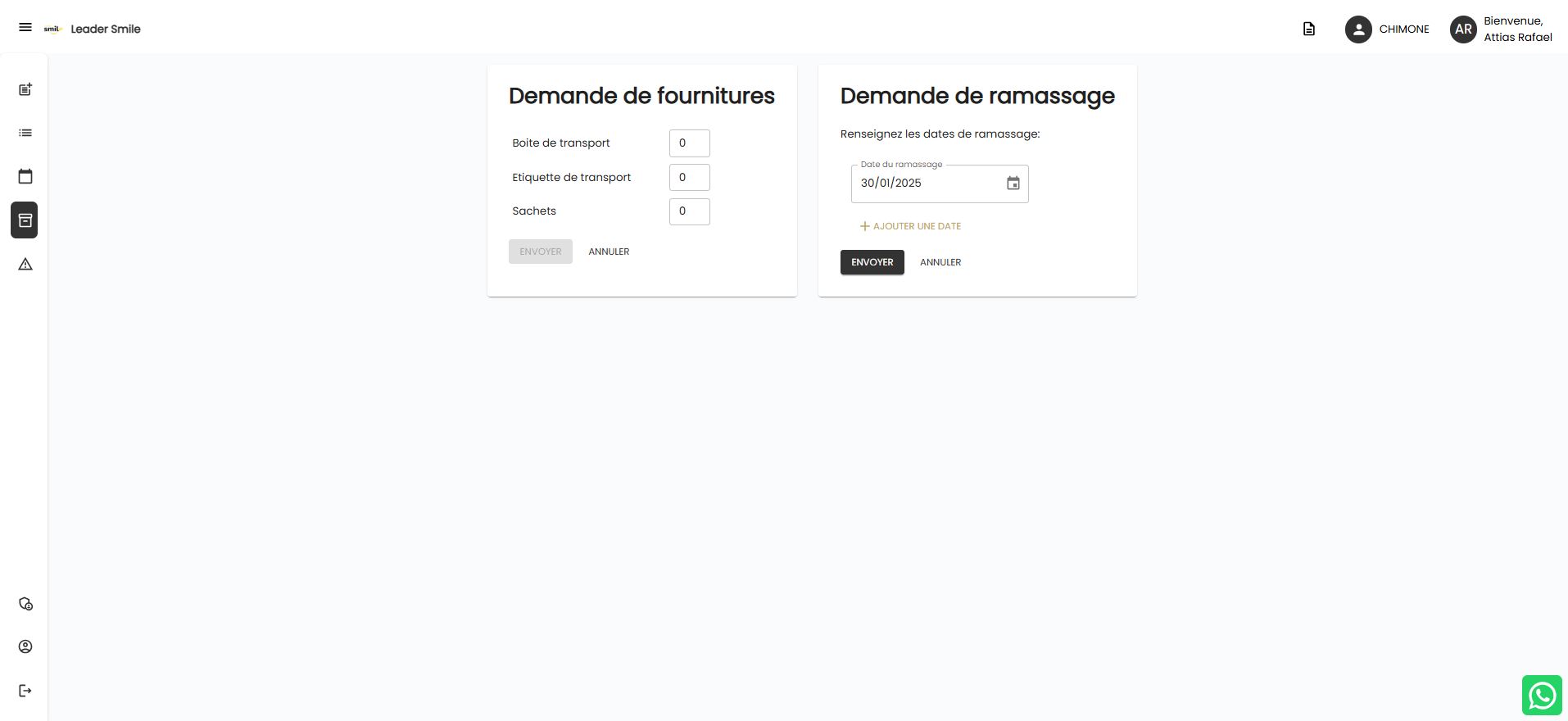 Demande de ramassage et de fournitures